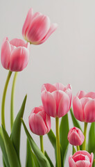 Fototapeta premium pink Tulips for spring or easter greetings, headline, banner, asian style, with white tones
