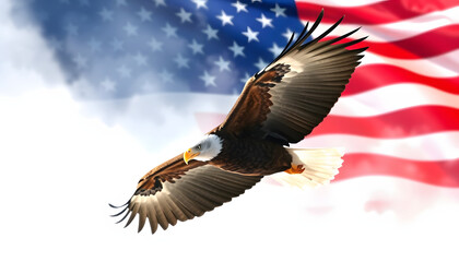 Fototapeta premium American focus eagle in flight with American flag watercolor, 8k, with white tones