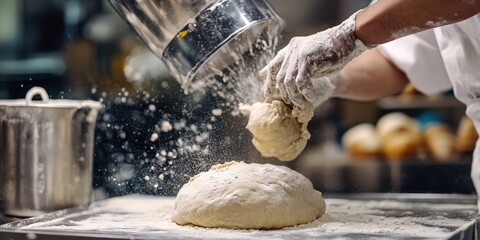 Kneading dough for bread in a professional setting, showcasing an industrial mixer designed for dough preparation. This image captures a crucial stage in the bread making process with dough.