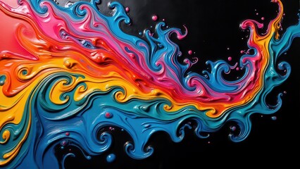 Obraz premium Jagged black reflections. A striking, close-up image of vibrant, swirling toothpastes mixing on a black surface, creating a colorful and fluid design with mesmerizing patterns.