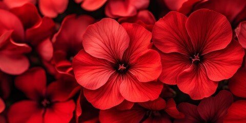 Close up of vibrant red pelargonium flowers showcasing their intricate petals and rich hues, perfect for depicting the beauty and detail of red pelargonium flowers in nature.