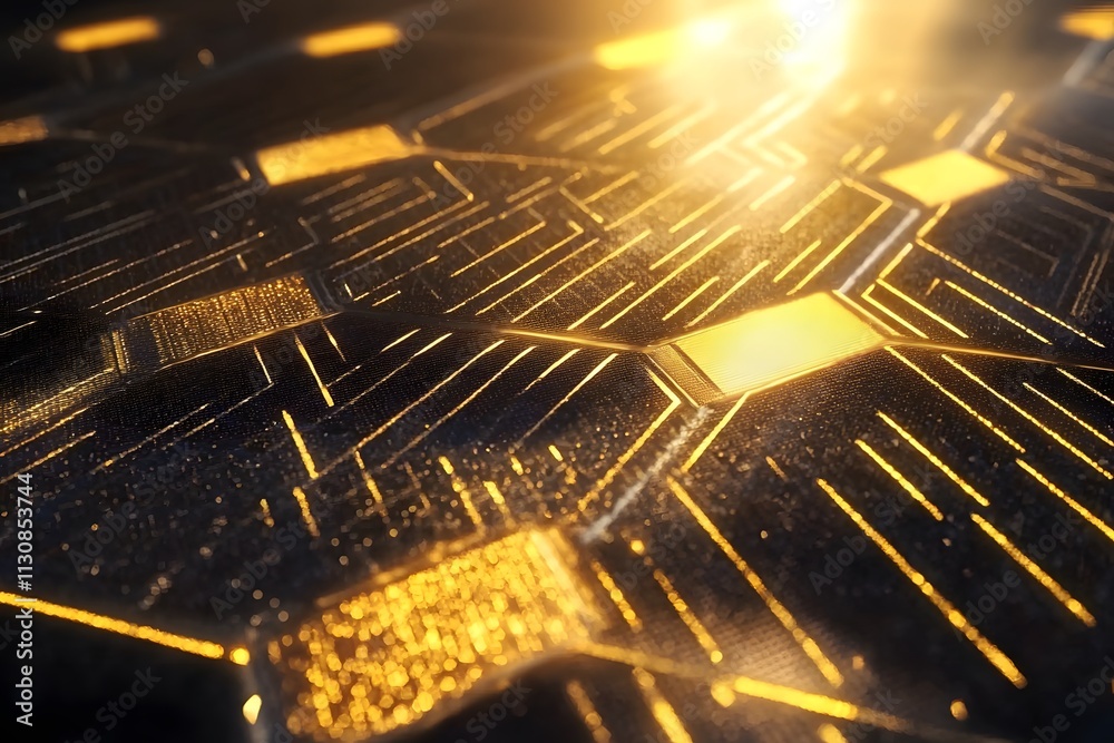 Poster abstract close-up of a circuit board with intricate patterns and a golden glow.