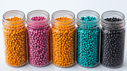 Five jars filled with colorful plastic beads, including pink, orange, teal, and black, are neatly arranged row white background. vibrant colors and uniformity of beads create visually appealing