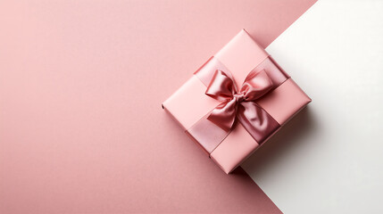 Obraz premium A stylish top-view banner with a perfectly wrapped pink gift box adorned with a satin ribbon and bow, set against a clean white and soft pink split background