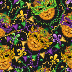 Carnival Mardi Gras themed pattern with golden venetian face mask with feathers, scattered trinket, streamer ribbons, strings of beads. Textured black background