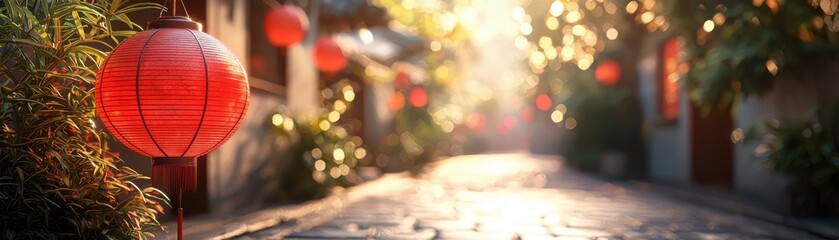 Tranquil evening street scene with glowing red lanterns and soft sunlight illuminating a peaceful alleyway