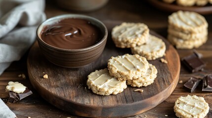 Fototapeta premium Cookies on a rustic cutting board, paired with a small bowl of melted chocolate for dipping