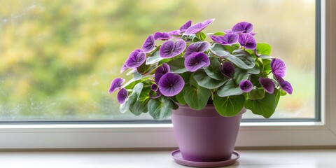 Fototapeta premium Violet plant fear displayed on a windowsill, showcasing the unique characteristics of this violet fear in a pot. The vibrant violet fear adds a touch of intrigue to any indoor setting.