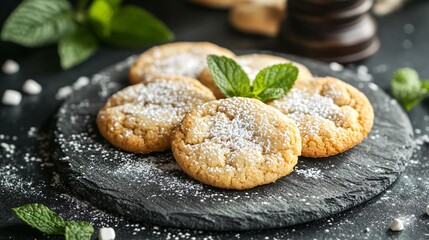 Cookies presented on a slate plate, accented with fresh mint leaves and scattered powdered sugar