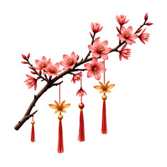 Elegant cherry blossom branch with golden ornaments and red tassels for celebratory decor, digital art of nature illustration concept.