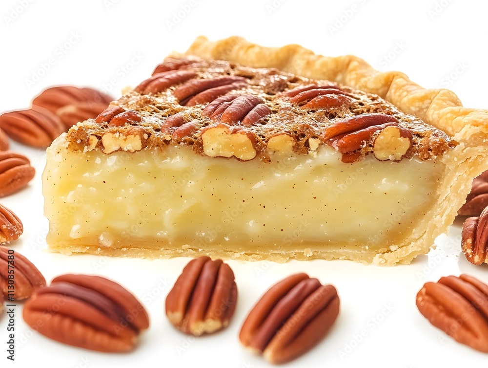 Sticker A slice of pecan pie with whole pecans surrounding it, showcasing a delicious dessert.