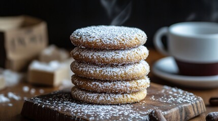 Cookies stacked on a wooden slab, with a sprinkle of powdered sugar and a cup of coffee
