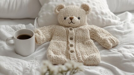 Fototapeta premium Knitted teddy bear in outfit on bed with coffee.