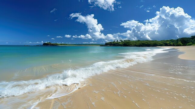 A calm beach with waves gently rolling to the shore.