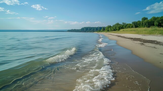A calm beach with waves gently rolling to the shore.