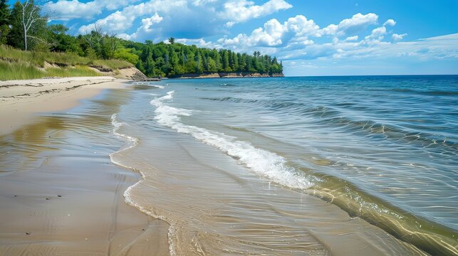A calm beach with waves gently rolling to the shore.