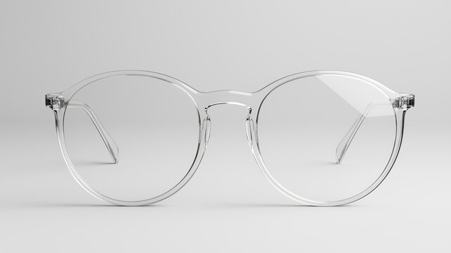  Clear round eyeglasses with transparent polymer frames on plain background, showcasing minimalist design and modern aesthetics