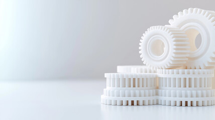  White plastic gears stacked on smooth surface, showcasing intricate details and precision engineering. image highlights concept of mechanical innovation and industrial design