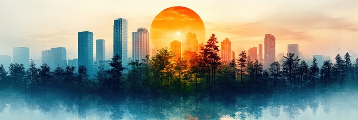 Fototapeta premium Skyline silhouette with gradient sunset over trees creating a serene urban landscape