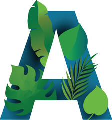 Exotic Tropical Leaves in The Shape of Alphabets, 3d vector letter in the paper art style. It is designed with tropical leaves and flowers.