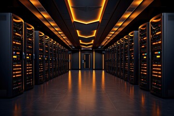 High-tech server room with glowing lights symbolizing innovation data center digital infrastructure modern environment interior viewpoint