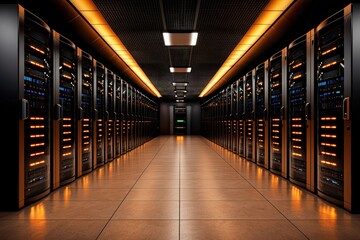 High-tech server room with glowing lights modern data center digital infrastructure futuristic environment wide-angle view technology symbolism