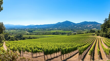Naklejka premium Panoramic View of Lush Vineyard Landscape under Clear Blue Sky