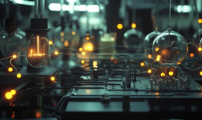 Glowing bulbs, wires, and metallic components; futuristic scene.