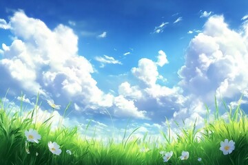 Fototapeta premium Grass, Sky and Cloud. Wallpaper. Fantasy Backdrop. Concept Art. Realistic Illustration. Video Game Digital CG Artwork Background. Nature Scenery.