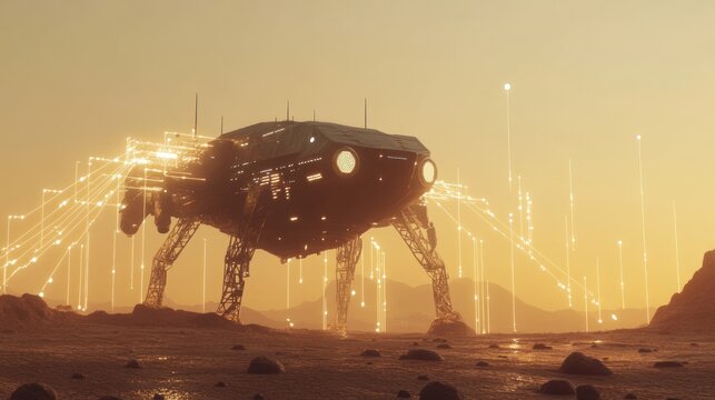 Futuristic rover on alien planet at sunset.
