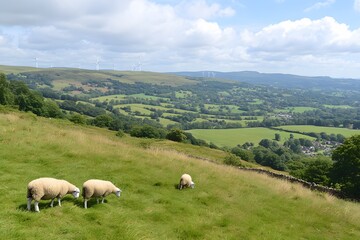 A vast field of wind turbines turning under a partly cloudy sky, with grazing sheep in the foreground. 