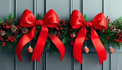 Festive decorative wreaths with red bows holiday season home decor indoor setting close-up view celebration theme for seasonal cheer