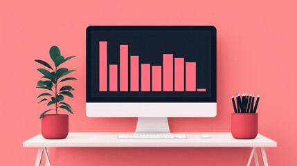 Minimalist workspace with computer displaying bar graph, potted plant, and stationery. soft gradient background adds modern touch to design