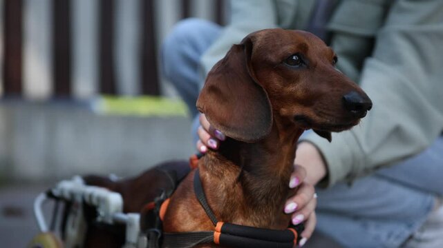 Dachshund in wheel chair. Owner takes care of disabled dog