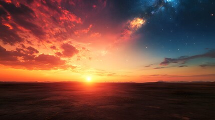 Fototapeta premium Fiery Sunset Over a Desolate Martian Landscape With Stars