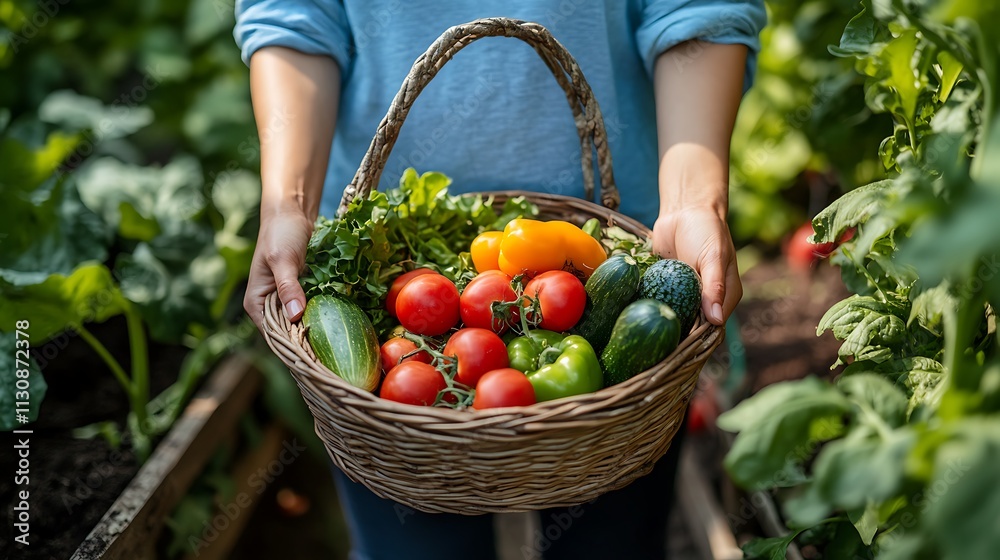 Wall mural Close up of hands holding a basket with fresh vegetables