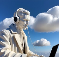 Fototapeta premium Serene White Sculpture of a Man Typing on a Laptop Under a Glowing Sky 3