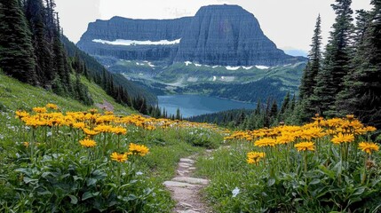 A mountain valley with wildflowers blooming along the trails 