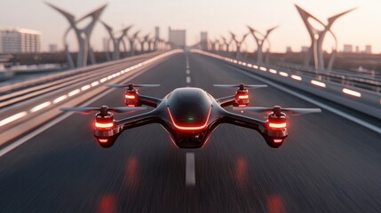 Autonomous drone swarm inspects high-tech bridge in urban environment aerial view futuristic technology concept