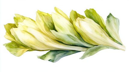 Obraz premium Serene watercolor endive leaves pale yellow green hue delicate fresh vibrant nature botanical illustration painting art vegetable food plant leaf