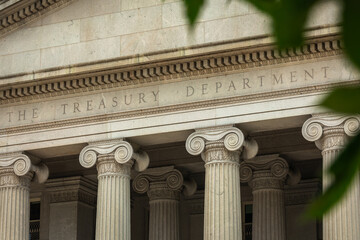 Facade of the US Treasury Department in Washington, DC, Close-up with Copy Space