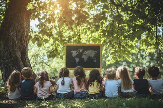 A group of children learning outdoors under a tree, with a chalkboard and a small globe, symbolizing global education.