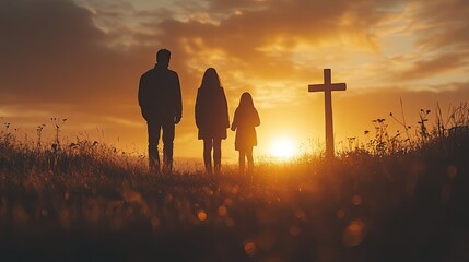 A family silhouette near a Christian cross at sunset symbolizes prayer, religion, and remembrance of loved ones
