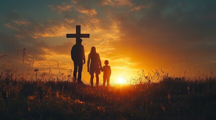 A family silhouette near a Christian cross at sunset symbolizes prayer, religion, and remembrance of loved ones
