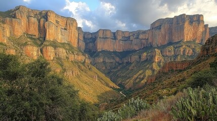 Naklejka premium A river winding through a lush valley surrounded by towering mountains and forests 