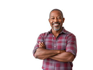Fototapeta premium Smiling African American man in casual shirt crossing arms confidently isolated on transparent background cutout