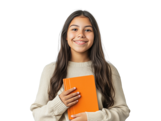 Young Latina girl holding book with cheerful smile isolated on transparent background cutout