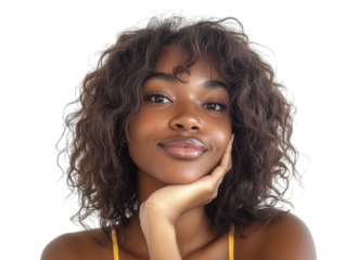 Curly-haired Black woman resting her chin on hand with dreamy expression isolated on transparent background cutout