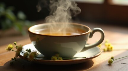Fototapeta premium Steaming chamomile tea in a rustic cup with a fresh chamomile flower, evoking warmth and relaxation