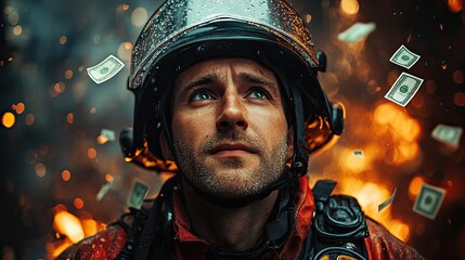 A firefighter standing with money falling from the sky represents bribery and payment concepts